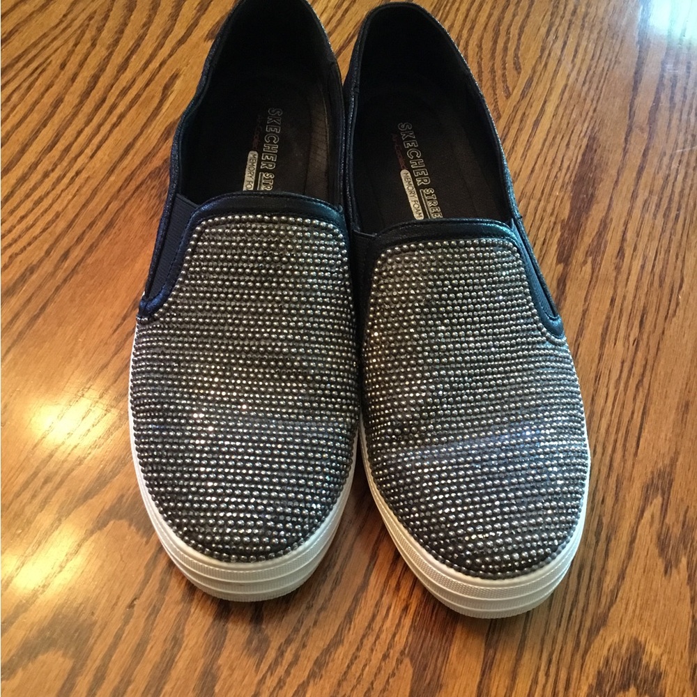 Skechers Women's Black Rhinestone Slip-On Sneakers with White Soles